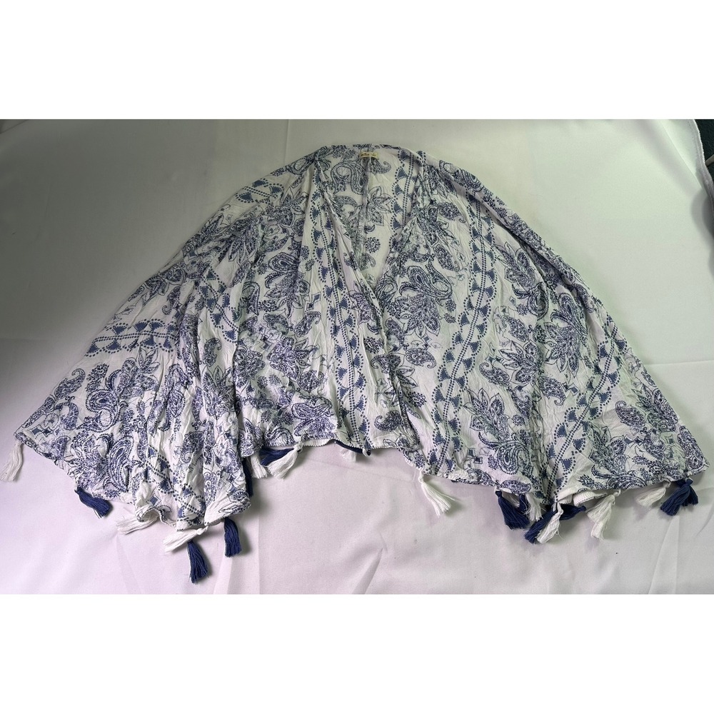 Hollister Blue White Paisley Kimono Small Boho Tassel Hem Open Front Cover Up
